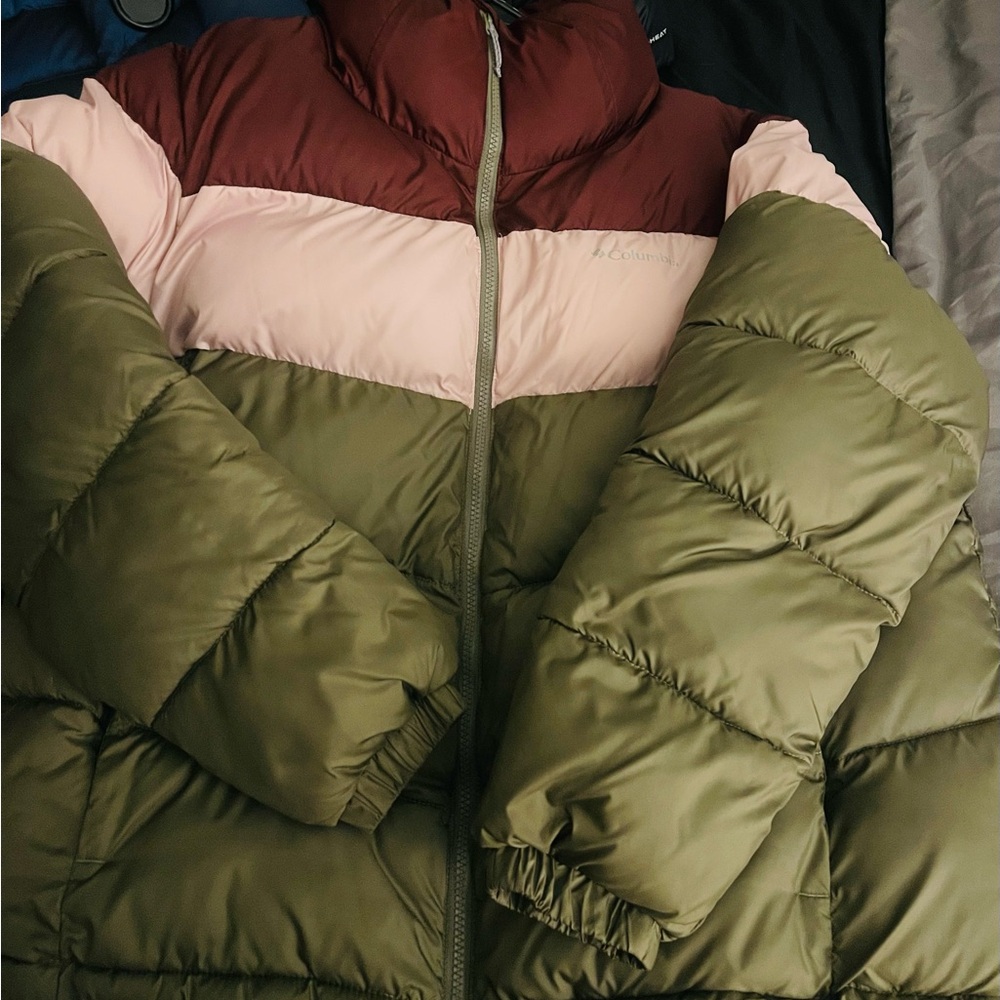 Columbia Women's Colorblock Puffer Jacket - Olive, Pink, and Burgundy